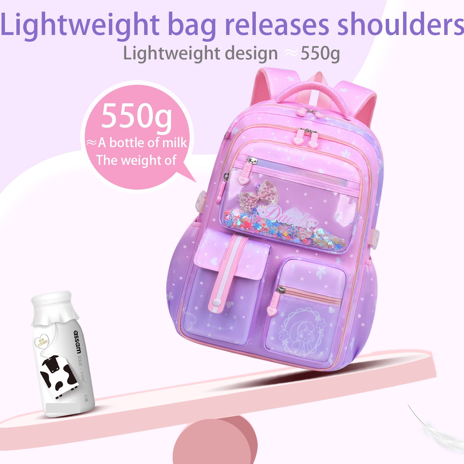 Gmdisc School Backpacks for Girls, Kids Lightweight Fashion School Bag Waterproof School Bookbags Gifts-Purple