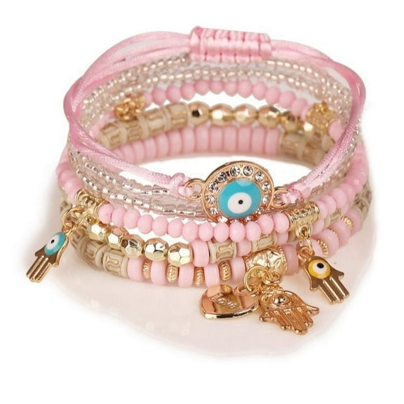 Womens Bohemian Beaded Bracelet Set Handmade Multi-Layer Acrylic Bracelet with Eye Bead and Love Heart Elements Fashion