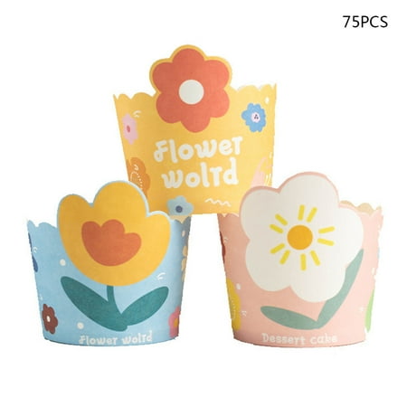 

75 Pieces Muffin Cups Flower Pattern Home Oven Baking Moulds Paper Holders