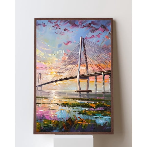 Charleston Harbor Wall Art - Ravenel Bridge, Lowcountry Sunset Marsh, South Carolina Home Decor, Impasto Coastal Poster, Unframed Poster Size 8x12