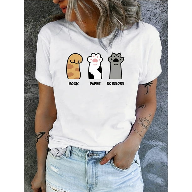 Short Sleeve Summer & Spring Cute Cat Paw Print T-shirt, Women's Casual Crew Neck Top