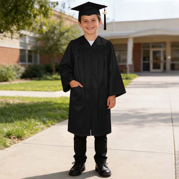 HOWPAY Kids Graduation Gown Cap Set with Tassel Academic Regalia Kindergarten Preschool Ceremony Photography Outfit with Pocket Black 21