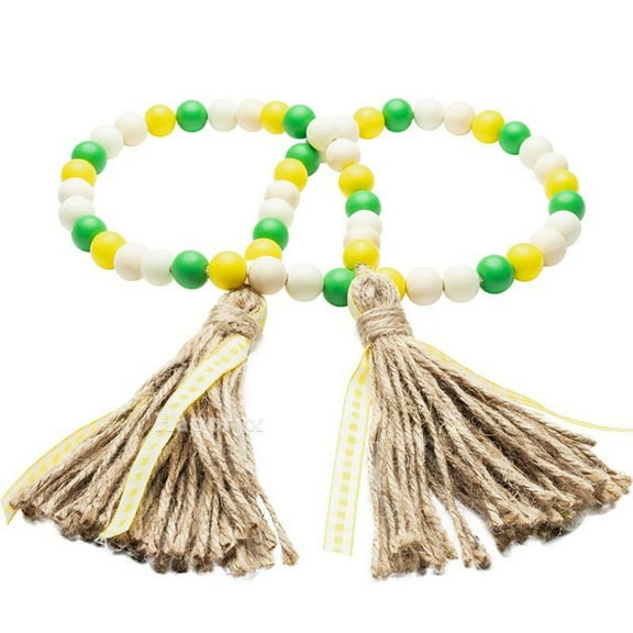 Haooryx Green Lemon Wooden Bead Garland with Tassels for Tiered Tray Wreath, Vintage Rustic Beaded Pendant for Home Party Decoration