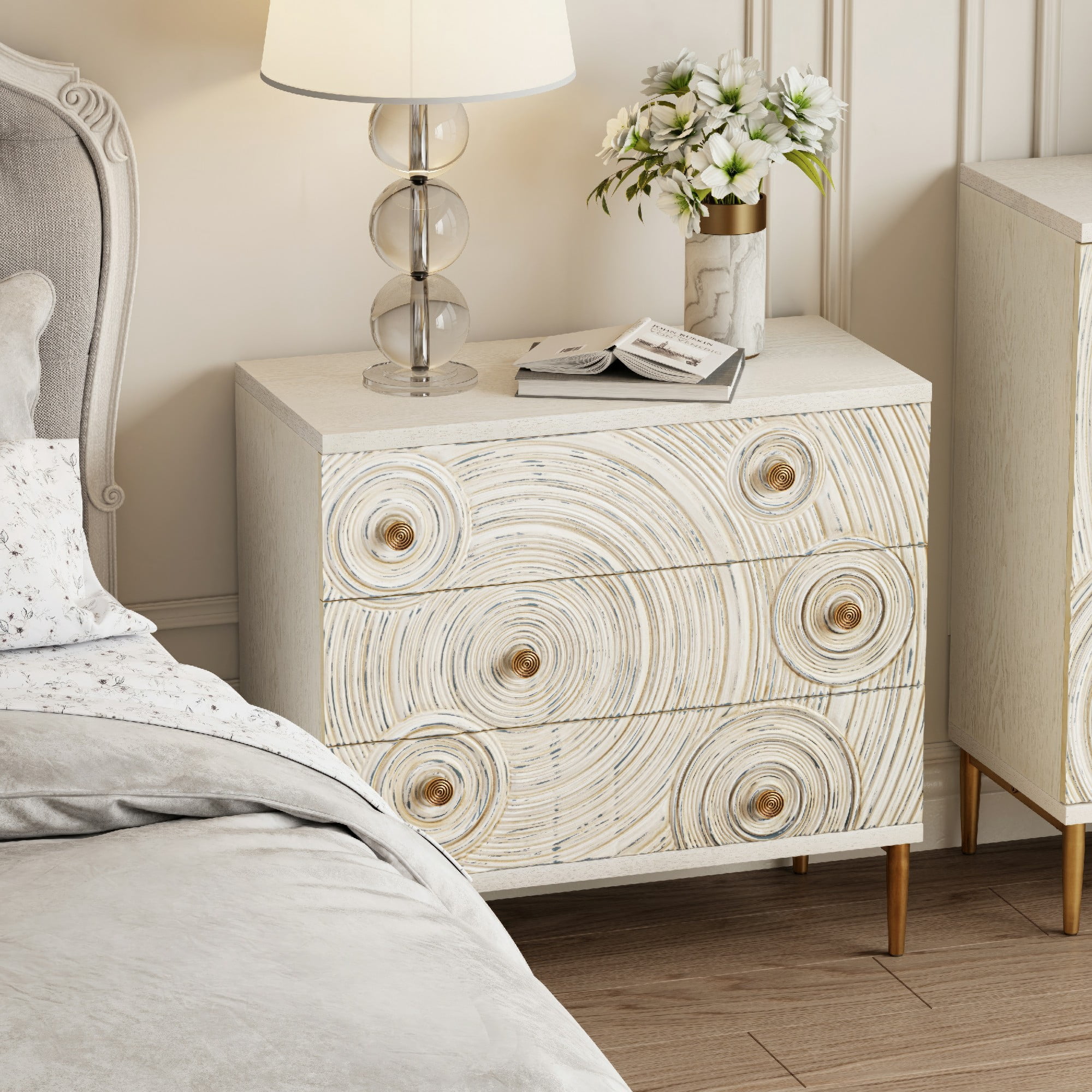 COZAYH Embossed 3 Drawer Farmhouse Dresser with Ring Motif, Distressed Boho Nightstand for Bedroom, Entryway, French Country, White & Gold