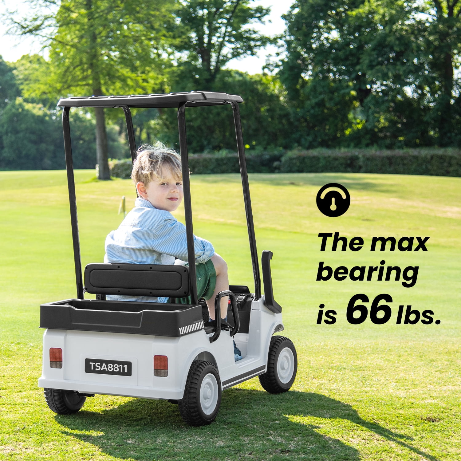 Track 7 24V Ride on Car, Electric Golf Cart with Ceiling, Ride on Truck with Remote Control, Music, Rear Storage Box, Electric Car for Boys Girls Age 3+, 18.5" Large Seat with Armrests, White