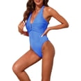thumbnail image 4 of INSPIRE CHIC Women's Metal Buckle Cut Out Halter Ribbed Monokini Swimsuit, 1 Piece Deep V Push Up Tummy Control Bathing Suit Royal Blue X-Large, 4 of 5