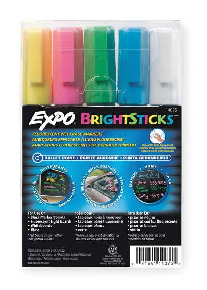 1 PK Expo Blue, Bright Green, Bright Pink, Bright Yellow, White Wet Erase Markers, Chisel Tip, 5 PK