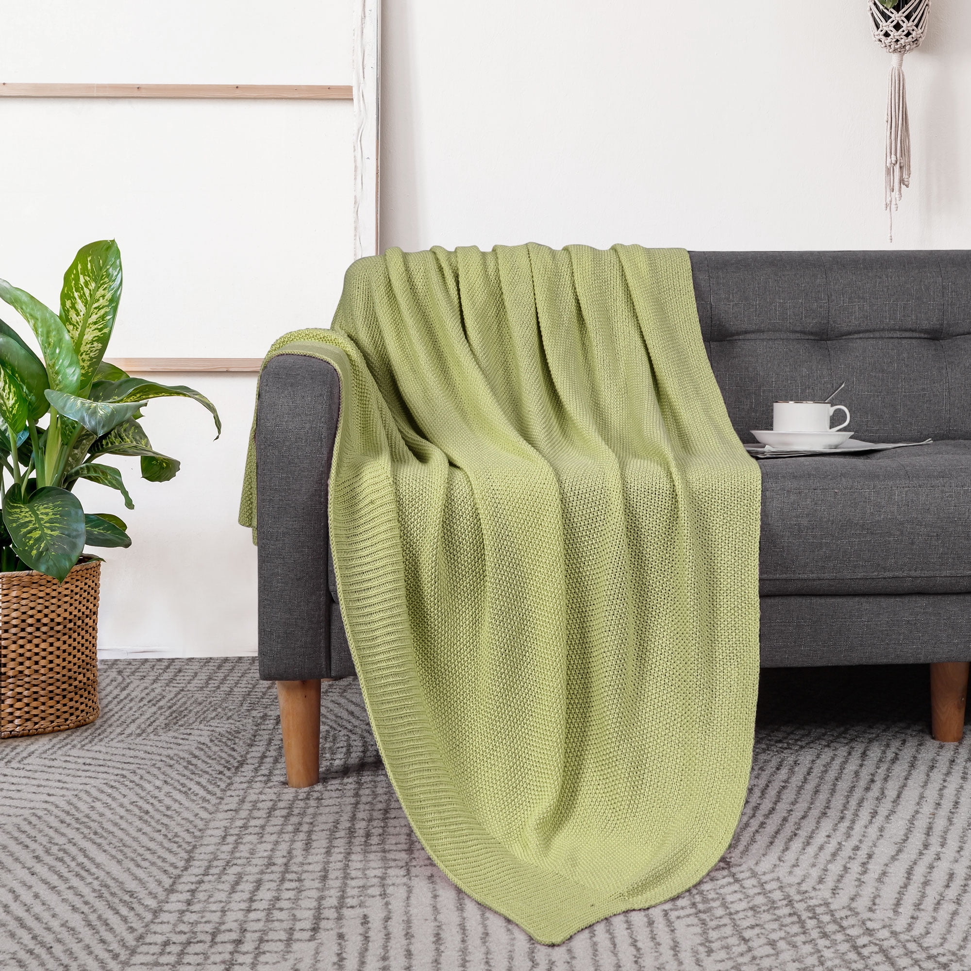 Unique Bargains Pure Cotton Soft Cable Knit Throw Blanket Dark Sea Green 50" x 60"
