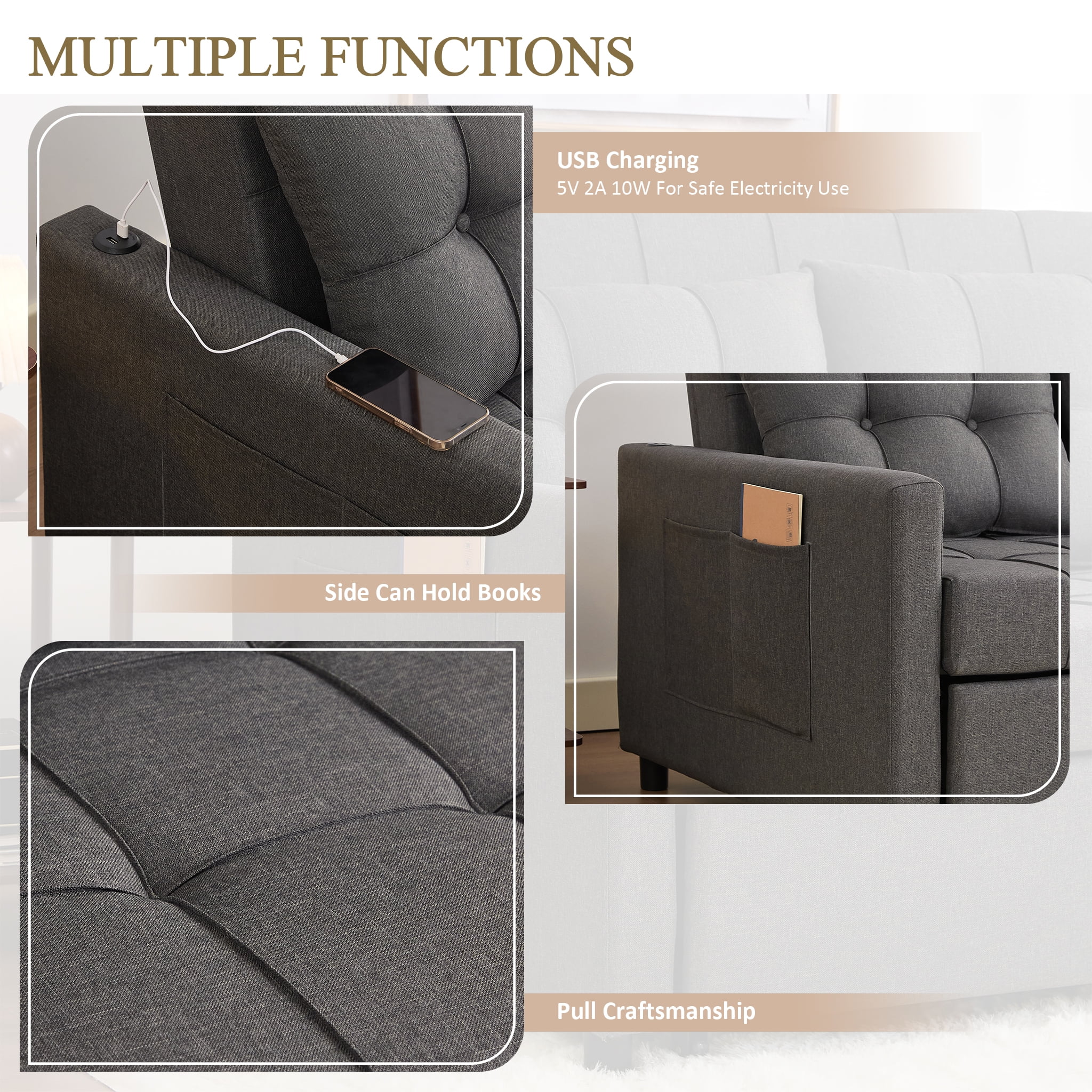 LAKPS 52" Linen 3-in-1 Convertible Sleeper Sofa with Pull-Out Bed, Stepless Adjustable Backrest & Side Pocket - for Family, Living Room, Dorm, Apartment, Linen, Dark Grey