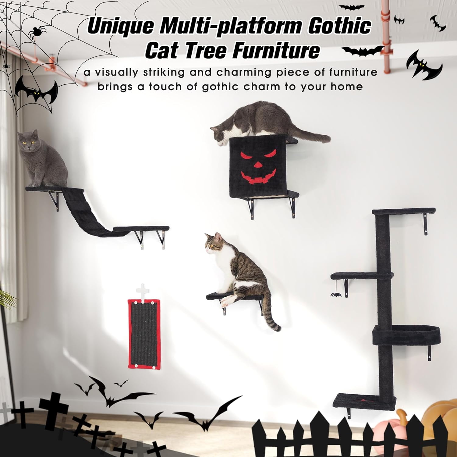 Cat Hammock Wooden Wall-Mounted Shelves Cat Climber Set of 5, Floating Cat Perches, Hanging Cat Beds for Sleeping/Playing/Climbing-Modern Cat Bed & Furniture for Large Cats Or , Gothic