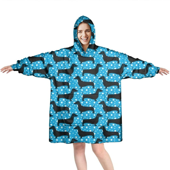 Blue Dachshunds Dog Wearable Oversized Blanket,Wearable Blanket Hoodie for Adults,Cozy Hooded Blankets with Super Pockets,Super Warm Fuzzy Pullover for Women & Men
