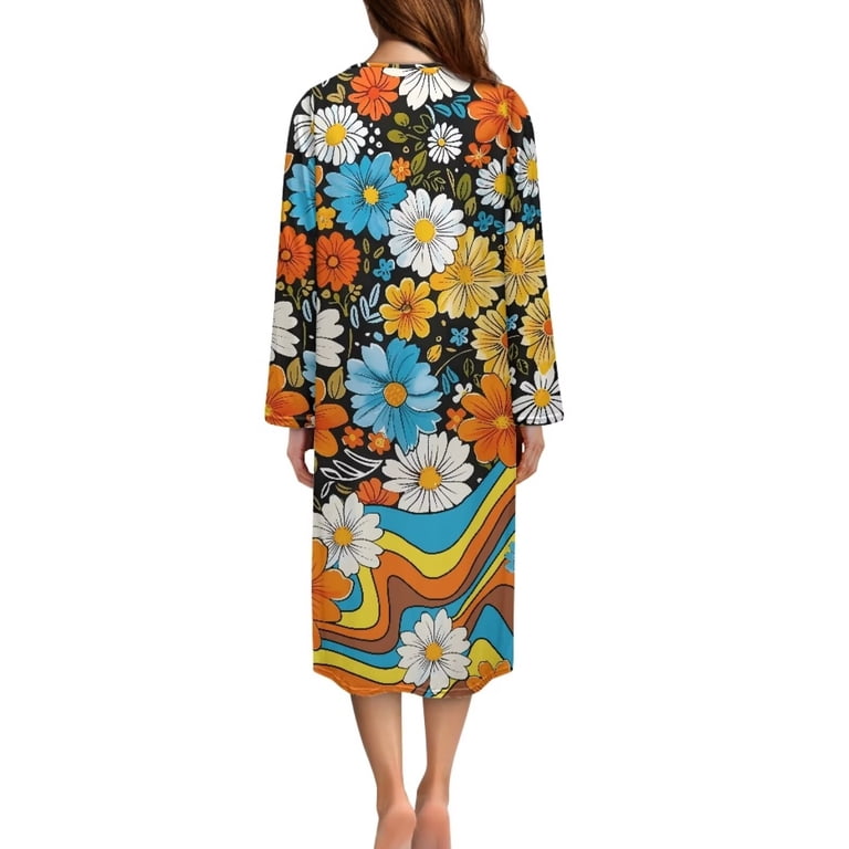 hippie winter dress Fkelyi 80s 90s Daisy Flower Print Zipper Front Robes for Women Nightgowns Comfy Nightwear with 2 Pockets Long Sleeve Bathrobes Fall and versatility with our Outerwear Moa Moa Asymmetrical Neck Color:Set and Accessories