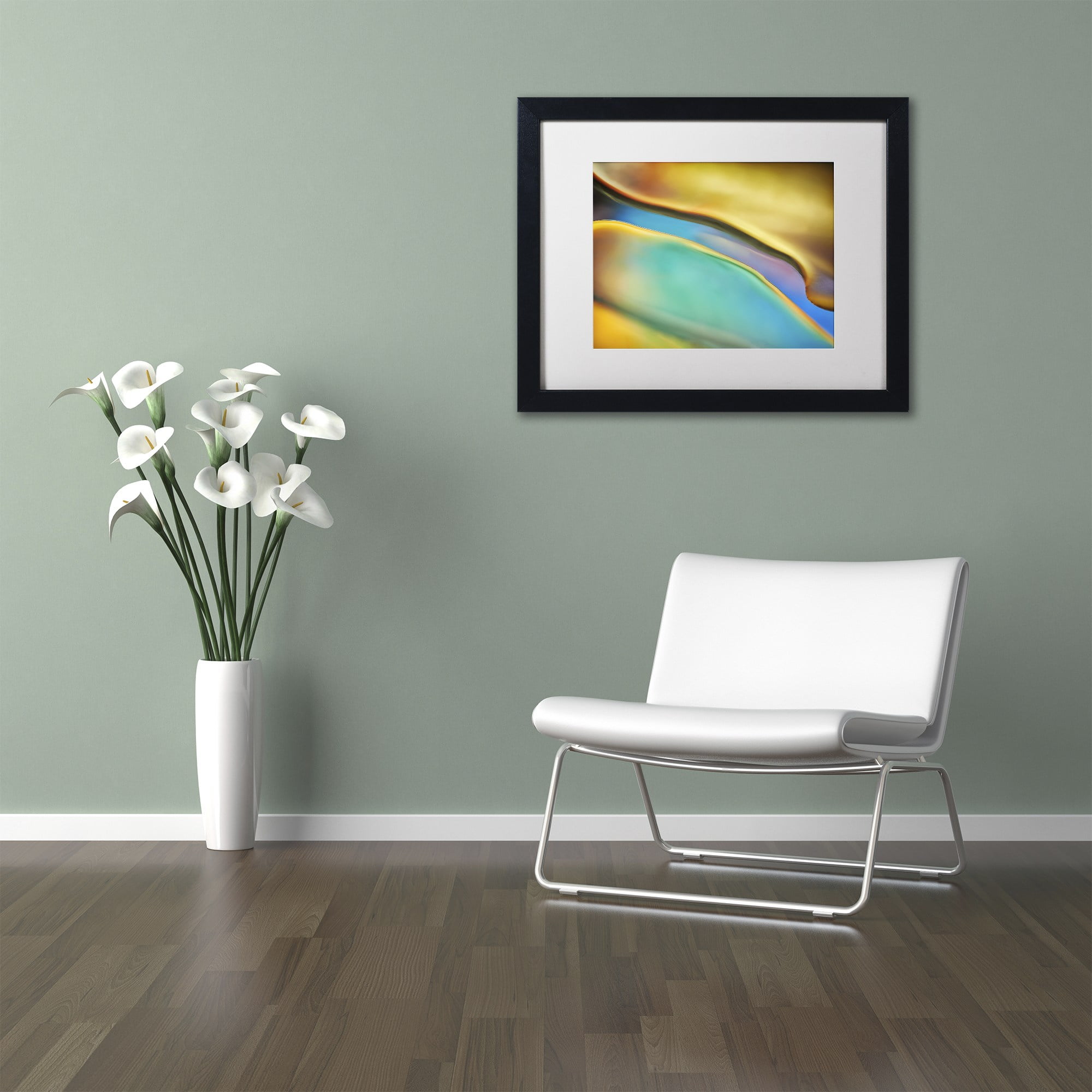 Trademark Fine Art 'Yellow and Aqua Blue Flow' Canvas Art by Cora Niele, White Matte, Black Frame
