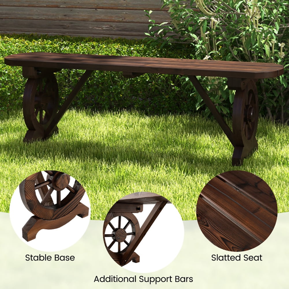 Aimee Lii Patio Rustic Wood Bench with Wagon Wheel Base, Outdoor Patio Furniture Aimee Lii Patio Rustic Wood Bench with Wagon Wheel Base, Outdoor Patio Furniture