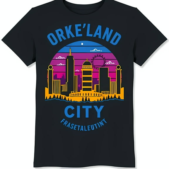 Stylish Black T-Shirt with Colorful City Graphic & Sunset Design