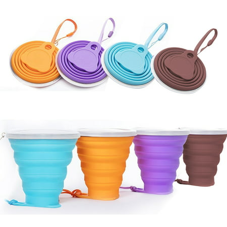 4Pcs Silicone Collapsible Cup, Silicone Folding Camping Cups with Lids, Expandable Drinking Cup Set, BPA Free, Portable(Blue, Orange, Purple, Coffee,