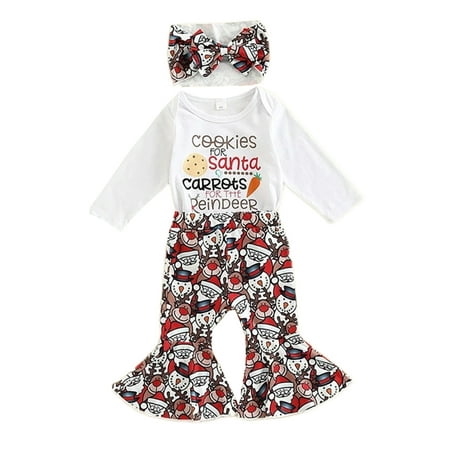 

Capreze Ruffled 3Pcs Outfit Suit Leaves Printed Romper Top + Flared Pants+Headband Sets for Newborn Buttons Crew Neck Spring Autumn Outfits Holiday Bow Snowman 90cm