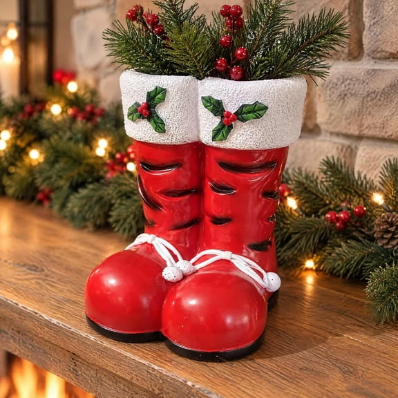 Darzheoy Christmas Santa Vase, Boot Resin Red Tabletop Centerpiece, Artificial Cones Berries Decor, Christmas Decorations Indoor for Home Mantel Party