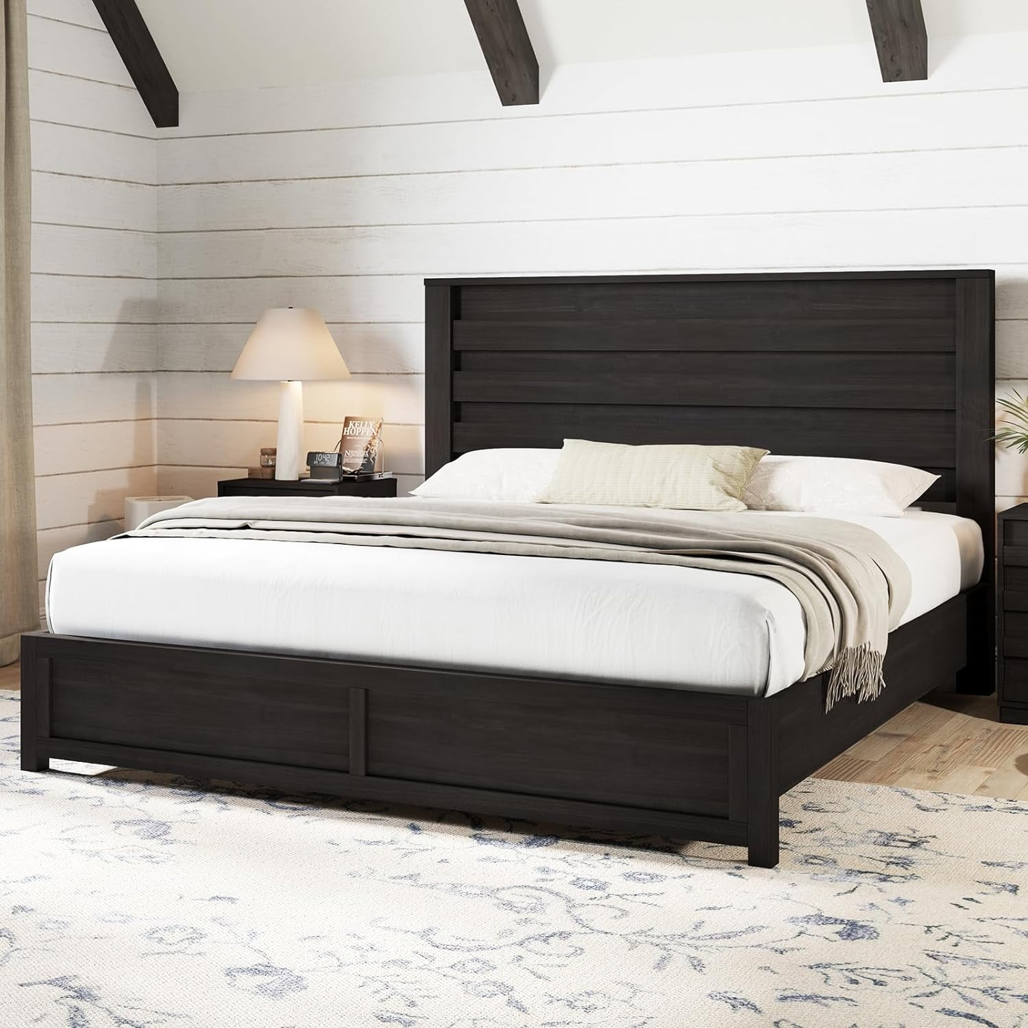 LUXOAK King Size Bed Frame with Natural Wood Platform, 49" Fluted Headboard, Black