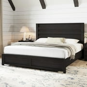 Papajet 49 H King Size Bed Frame with Headboard, Farmhouse Platform and Natural Wood Grain, Black