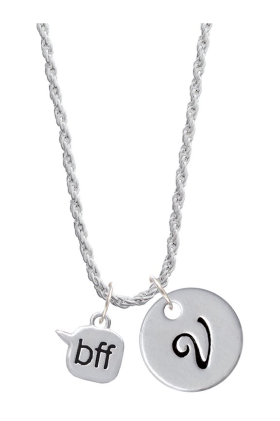 Silvertone Text Chat - bff - Best Friends Forever - Silvertone Script Initial Disc - V - Charm Necklace, 20"+3"
