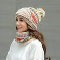 thumbnail image 6 of HESHENG Winter Knitted Beanie Hat Women Face Cover Scarf 3 in 1 Thick Warm Knit Cap with Pompom Cap Set, Beige, 6 of 7