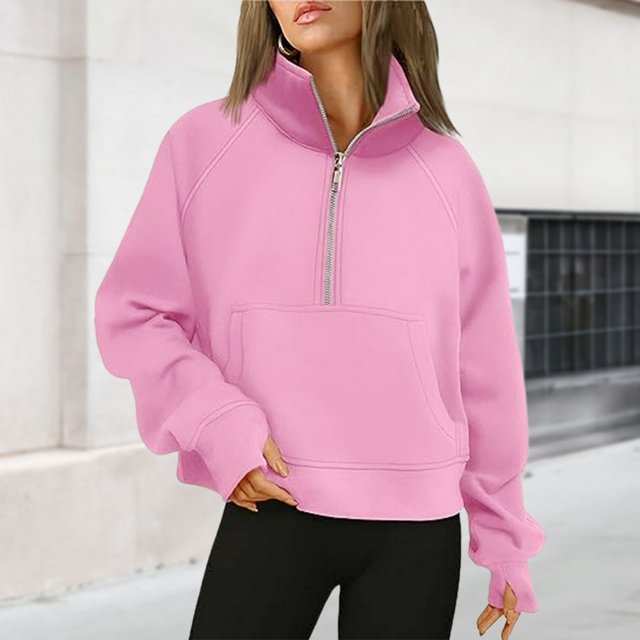 Stand Collar Fall Clothes Half Zip Women Solid Color Daily Outfit (Coffee XL)