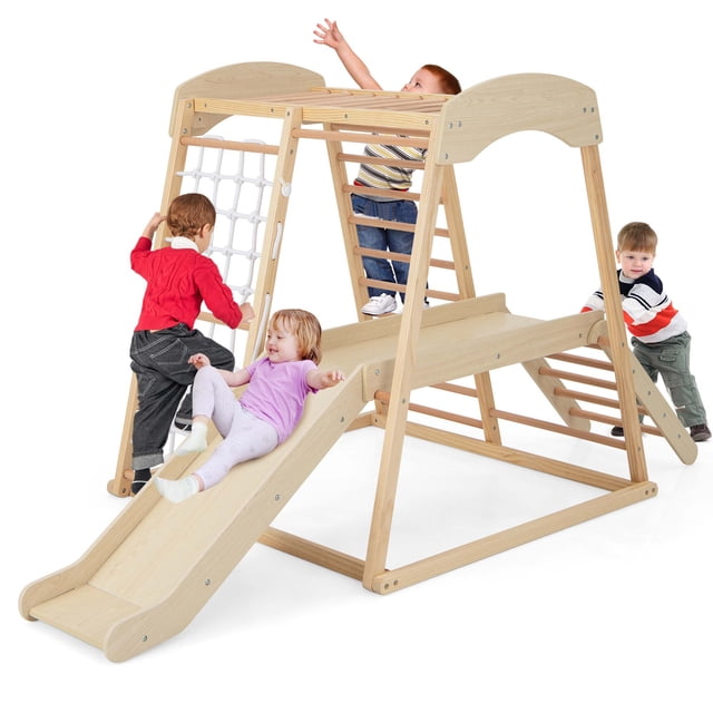 Costway 6-in-1 Indoor Jungle Gym Wooden Playground Climber Playset for Kids 1+ Years Natural. This multifunctional playset includes monkey bars, a rope ladder, a wooden ladder, a climbing ladder, a waiting area, and an extended slide with a buffer zone for safety. Made from natural pine and beech wood, it features a smooth, burr-free surface and rounded edges for child safety. The sturdy construction is reinforced with metal anchors for stability, supporting up to 440 lbs. Suitable for toddlers aged 1 and above, it promotes motor skills, coordination, and social interaction. Dimensions: 81 inches long, 44 inches wide, and 47 inches high.