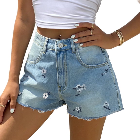ZVNAΖH Women's Petite High Waist Denim Shorts, Floral Embroidered Frayed Hem Pocket Shorts for Spring Summer