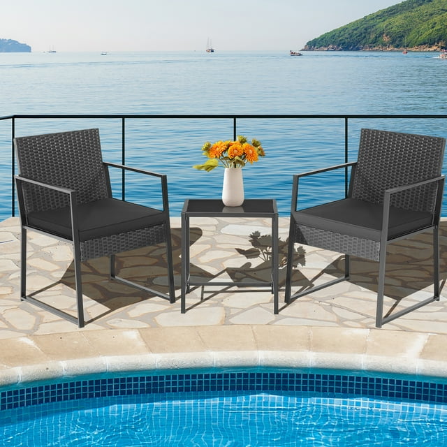 Gymax 3PCS Patio Rattan PE Wicker Bistro Set Outdoor Furniture Set w/ Table & Cushion