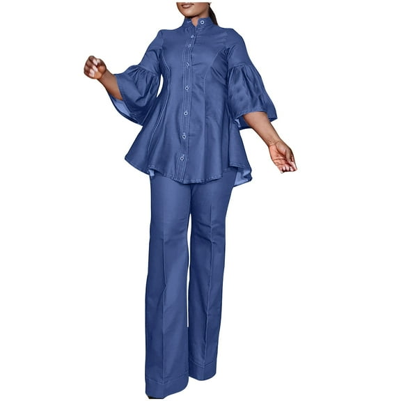 Women's Two-piece New Solid Color Denim High-neck Buttoned Straight Pants Suit Long-sleeved Round Neck Top/shirt Suit(Blue,M)