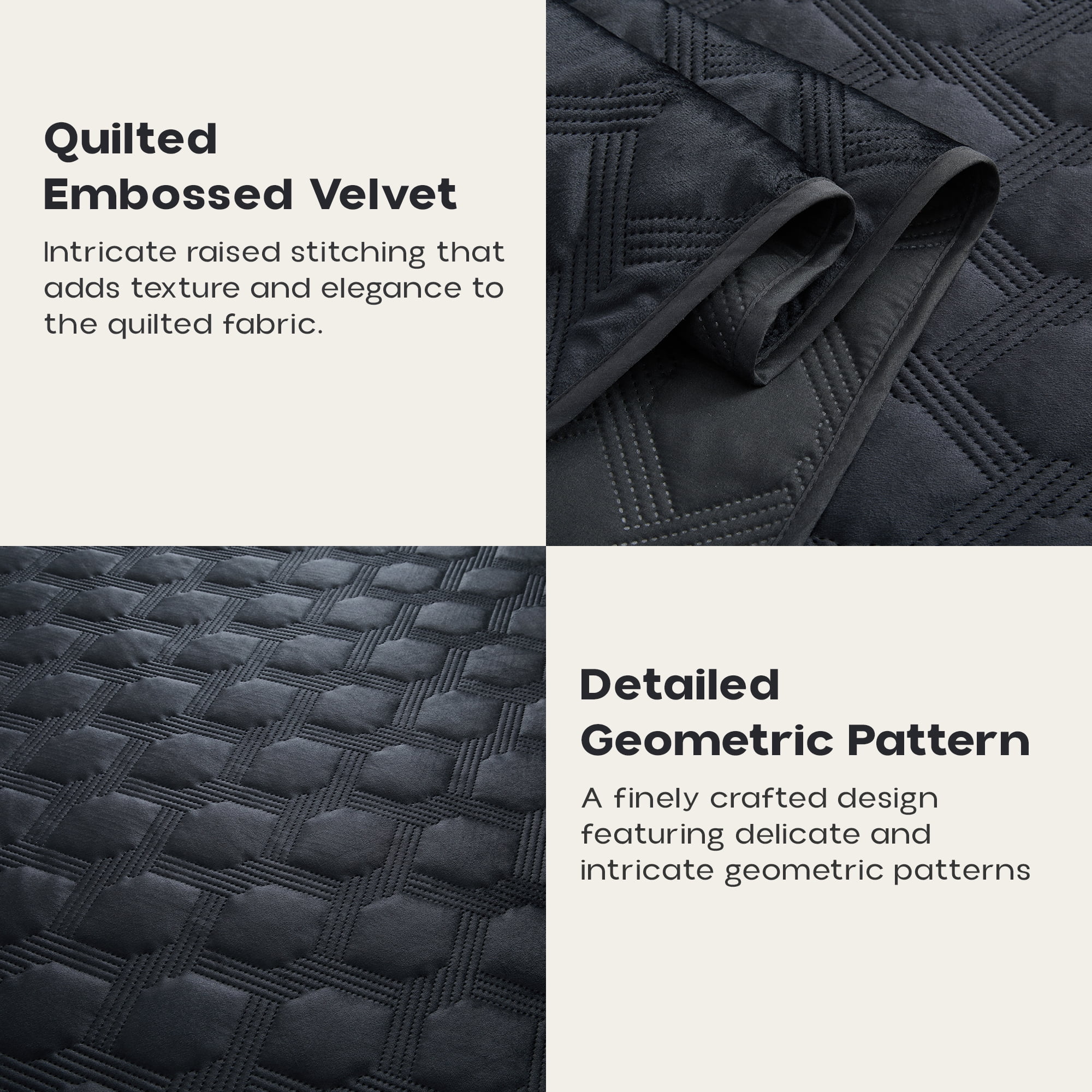 Ameha Velvet Bedspread King Size 3 Piece Set Black Geometric Quilt Ultra Soft Lightweight Reversible Washable Bedding 350GSM