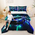 thumbnail image 2 of Castle Fairy Neon Race Car Trio Queen Comforter Set 3pcs for Teens, Checkered Flag Print Bedding Comforter Set for Bedroom, Blue Teal,Black Reversible, 2 of 6