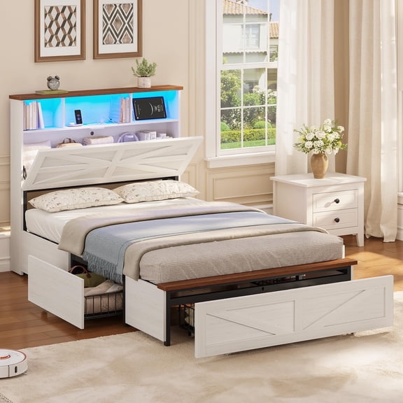 Twin Bed Frames with 5 Drawers, Farmhouse Bed Frame with Barn Door Headboard and Storage, Wood Platform Bed Frame Twin Size with Charging Station and LED Lights, No Box Spring Needed, White