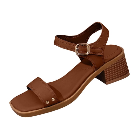 Viluyesy Womens Heeled Sandals, Sling Back Ankle Strap Square Toe Ladies Block Heels Dressy Shoes Brown US7