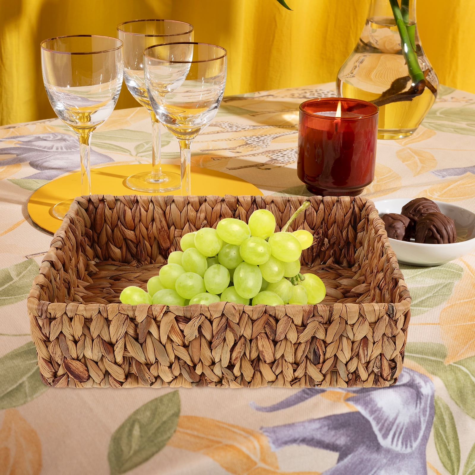 Rectangular Wicker Basket Handwoven Fruit Storage Basket Small Decorative Basket Woven Sundries Organizer Tabletop Storage Container Bins For Home Kitchen Bathroom Bar