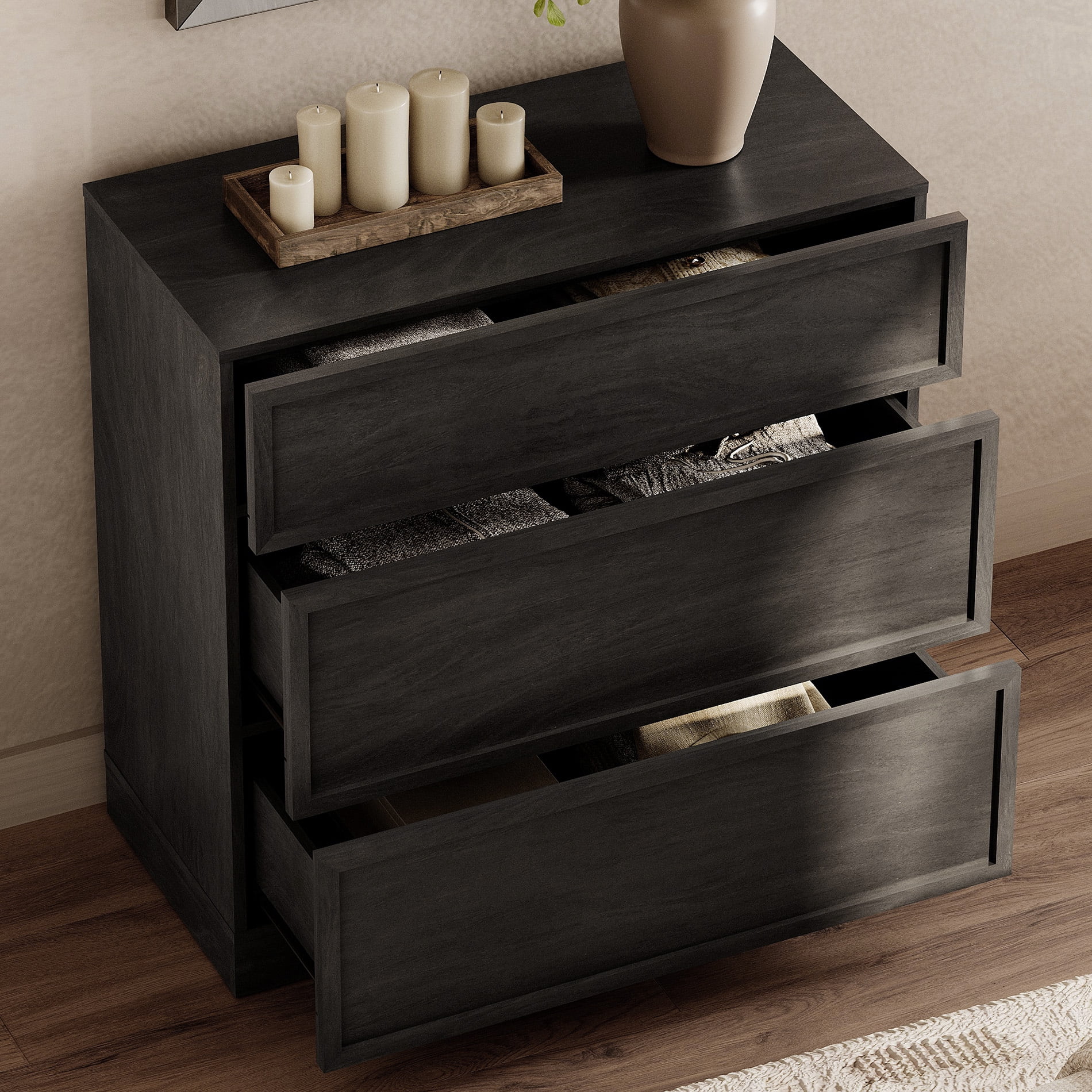 Set of 2 Nightstand with 3 Drawers, Modern Tall End Table with Large Storage for Living Room, Bedroom Wooden Side Table and Closet Organizer