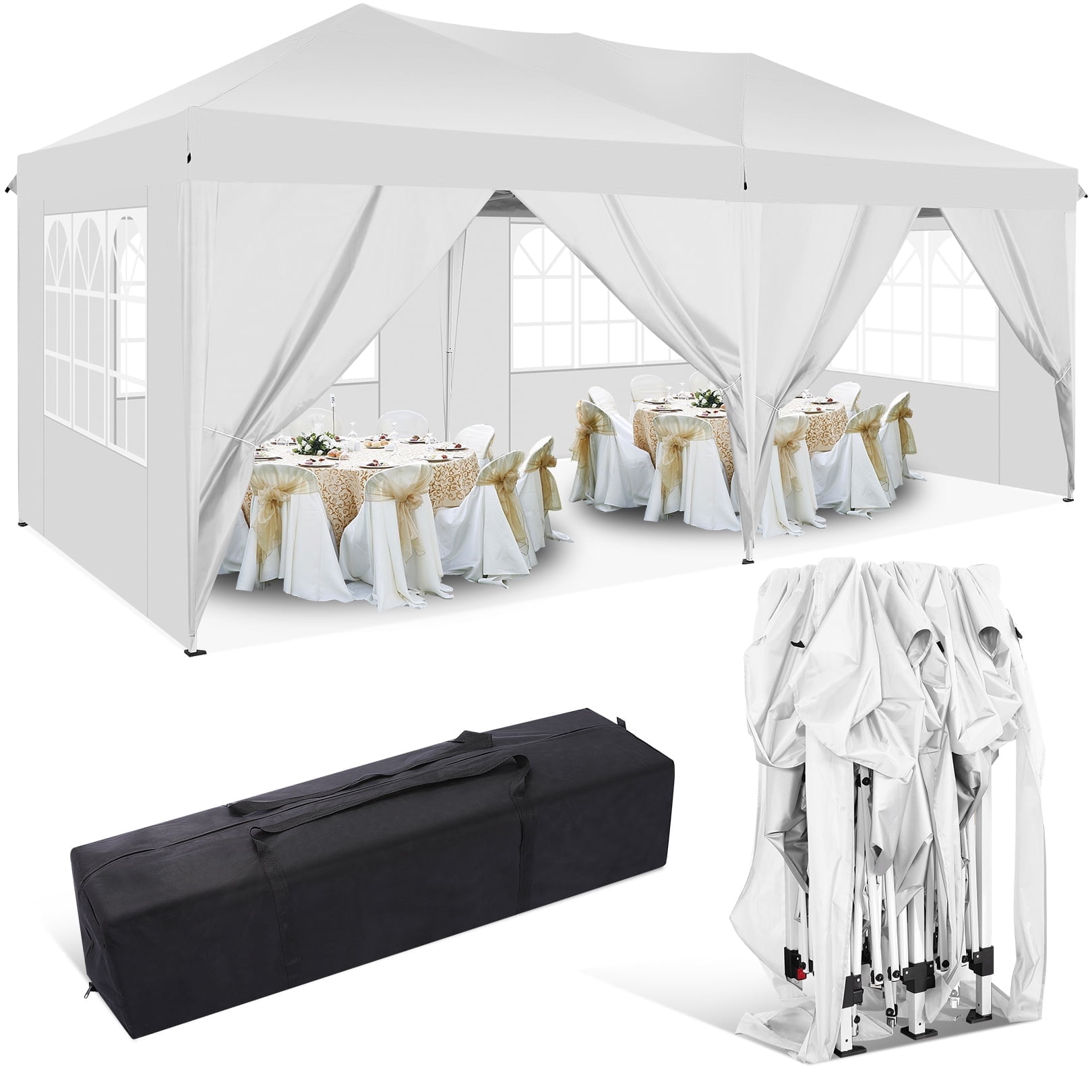 HOTEEL 10x20 Pop up Canopy Tent, Protable Canopy Tent with 6 Sidewalls Waterproof Commercial Pop up Tent for Parties, Wedding, Camping, Courtyard with Carry Bag,White