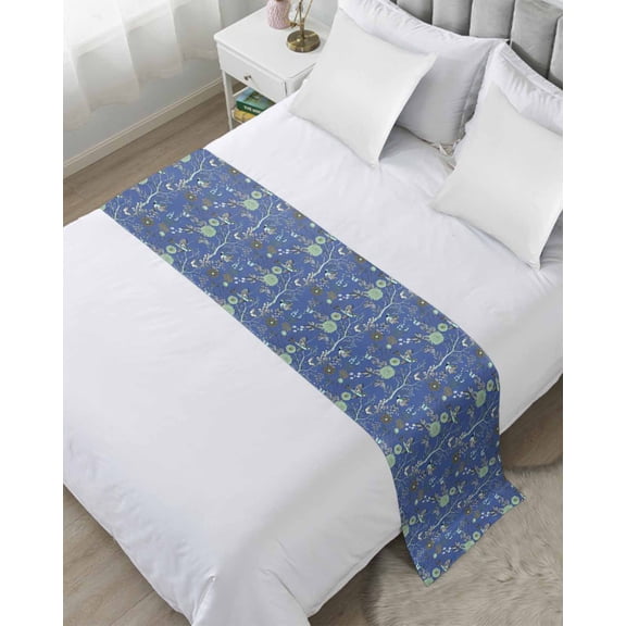 Xipuska Botanical Blue Bed Runners for Queen Size Bed, Decorative Bed Throws for Foot of Bed, Vintage Flower Butterfly Abstract Bird Bed Runner Sofa Throw Bedding Scarf Slipcover for Bedroom