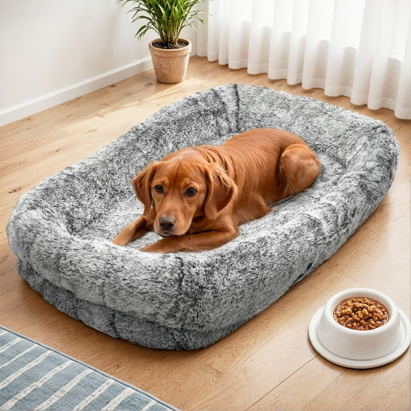 Wooflex Extra-Large Dog Bed with Pillow & Blanket, 78” Washable Faux Fur, Soft Gray, Comfortable for Humans and Pets