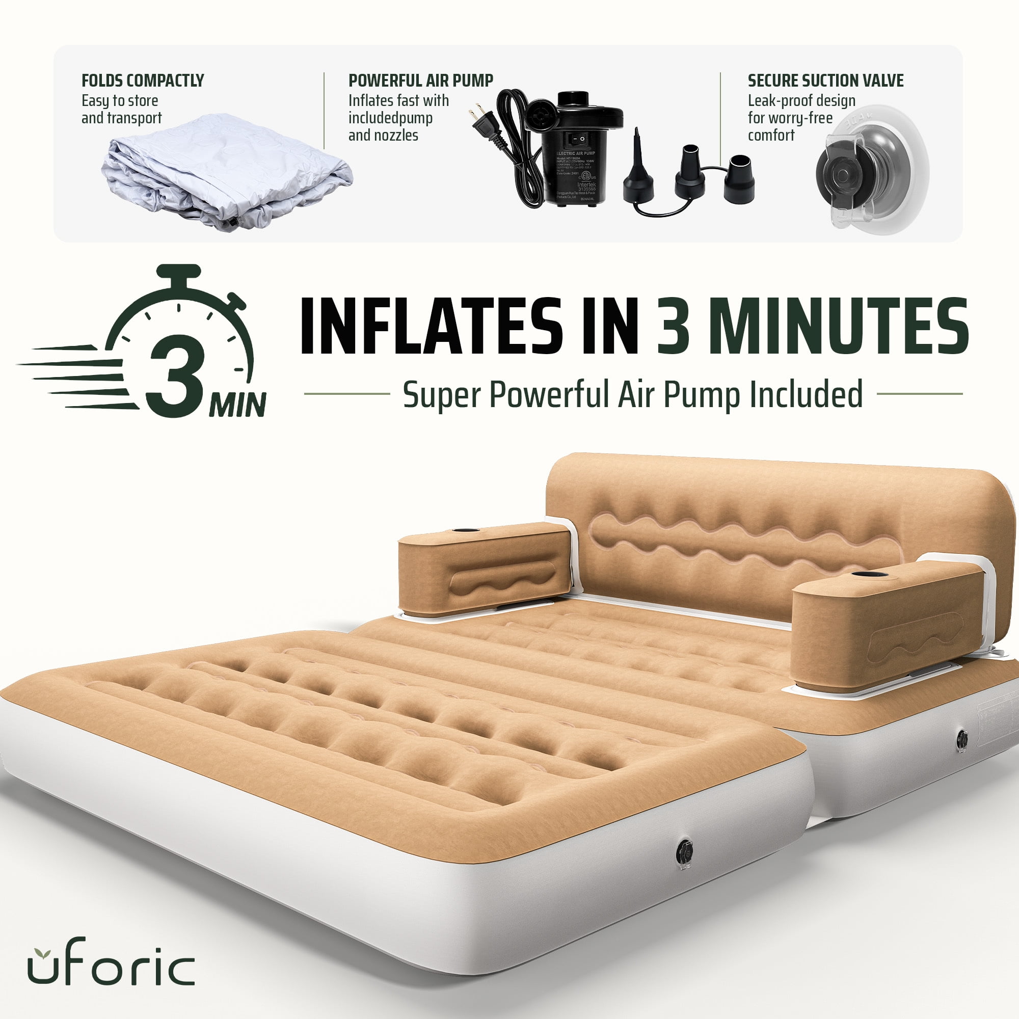 Uforic Queen Size 2-in-1 Convertible Inflatable Air Sofa Bed with Wave Headboard, Built Pump, Cup Holders & Storage Pocket for Guest Room Camping, Khaki