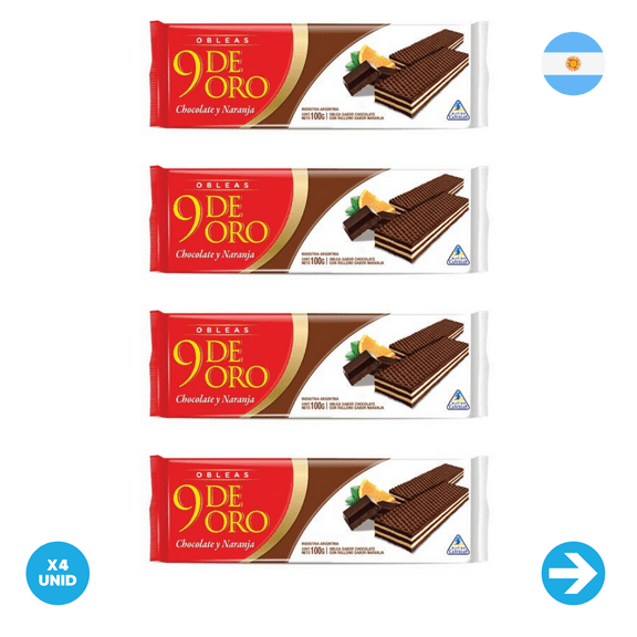 9 De Oro - Obleas De Chocolate Relleno De Naranja 100 Grm x4 Unid