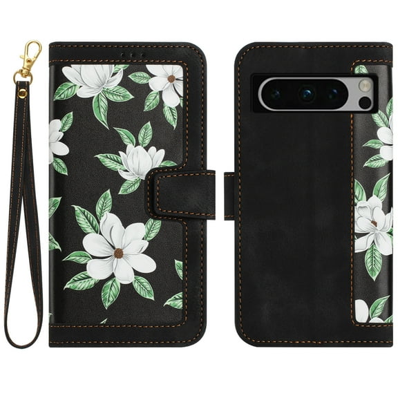 TECH CIRCLE Classic Flower Case for Google Pixel 8 Pro (6.7-inch) 2023 - Protective Lightweight Wallet Phone Case with [Card Slots /Wrist Strap] Fold Stand Portable Cute Leather Cover, Black