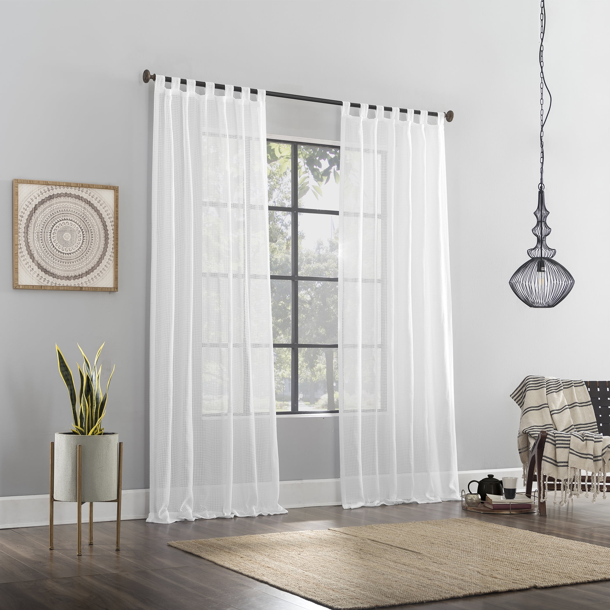 Archaeo Waffle Weave Cotton Blend Tab Top Curtain, 50"x96", 50"x96", White