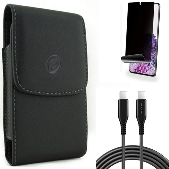 Privacy Screen Protector w 6ft Long USB-C Cable w Case Belt Clip for Samsung Galaxy S20 Plus - TPU Film [NOT GLASS] [Fingerprint Works], PD Fast Charger Cord Power Wire, Leather fits Galaxy S20 Plus