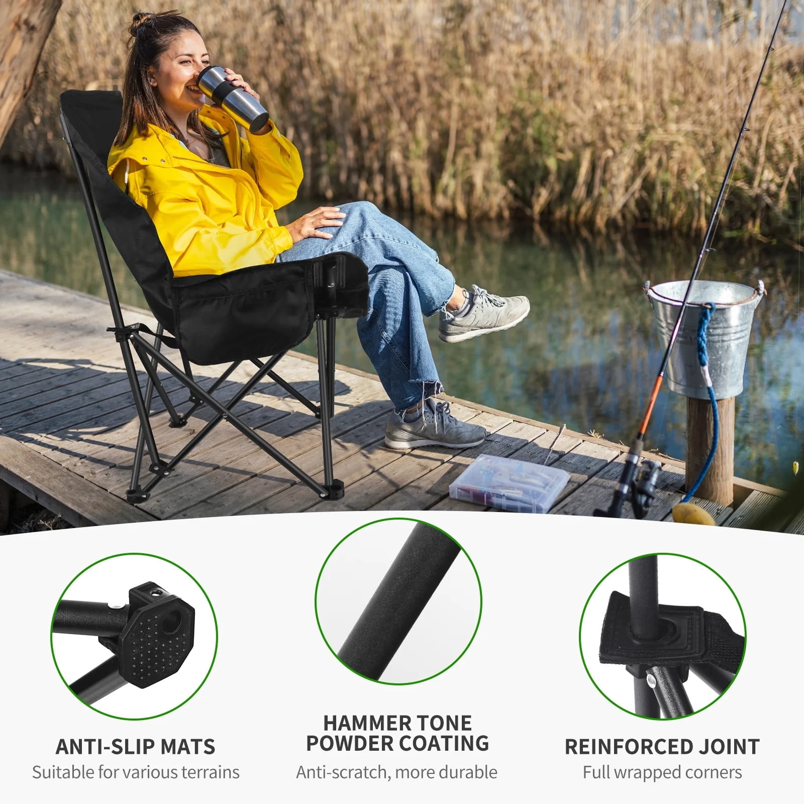 TEAFIRST Camping Chair, Oversized Comfort Padded Folding with Cup Holder, for Outdoor Camping, 300 lbs Capacity, Black