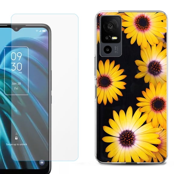 OneToughShield ® for TCL 40 XE 5G Shockproof Fashion Phone Case, with Tempered Glass Screen Protector - Yellow Flower