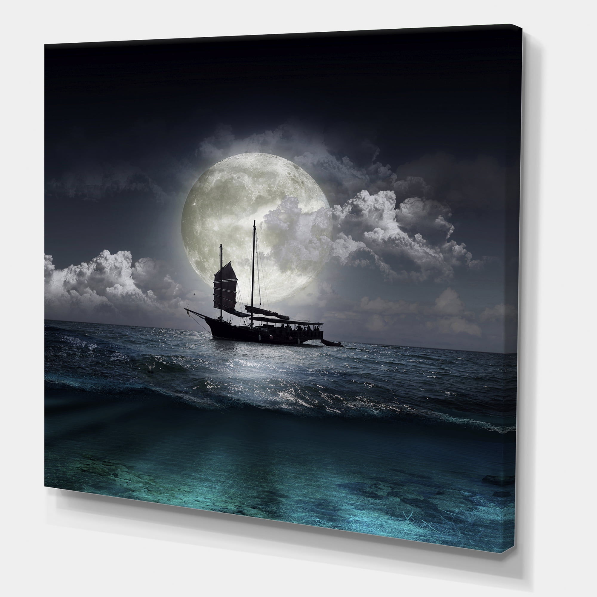 Designart ' The Lake During Full Moon With Fisher Boat ' Nautical & Coastal Canvas Wall Art Print