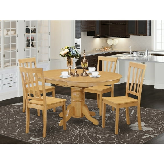 Asian Fusion Dinette Set - 5 Piece Kitchen Table & Chairs - Pedestal Table with Leaf - Oak Finish