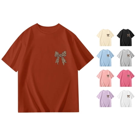 RTKFRFLM Girls Bowknot Graphic Tee Summer Short Sleeve Crewneck Relaxed Fit T-Shirt Black 9-10 Years